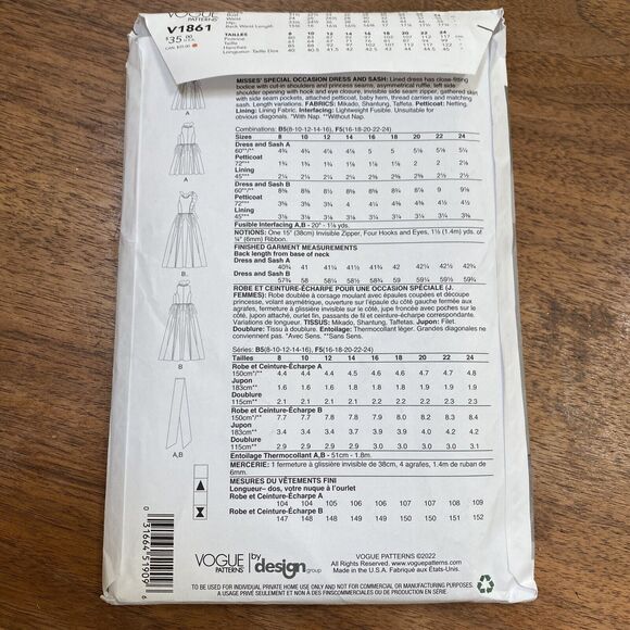 Vogue Sewing Pattern V1861 Special Occasion Dress & Sash sz 8-16 Badgley Mischka - Picture 7 of 7